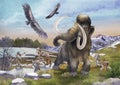 Watercolor scene of primordial humans hunting on a mammoths