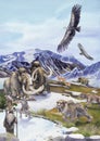 Watercolor scene of primordial humans hunting on prehistoric giant animals