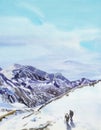 Watercolor scene of primordial humans in a snowy mountain landscape Royalty Free Stock Photo