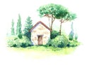 Watercolor Scene with Small Building and Trees