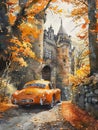 Watercolor scene of a vintage orange car parked outside a medieval castle surrounded by autumn leaves ai generated