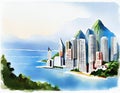 Watercolor of Scenic coastal metropolis with soaring architecture framed by majestic