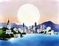 Watercolor of Scenic coastal metropolis with soaring architecture framed by majestic