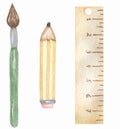 watercolor school brush, pencil and ruller illustration. School supplies clipart