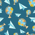 Watercolor school globe and paper airplanes seamless pattern on blue background