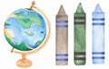 watercolor school globe and pencils clip art, earth illustration. School supplies clipart Royalty Free Stock Photo