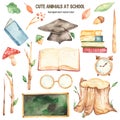 Watercolor school set with blackboard, alarm clock, books, stump, academic hat