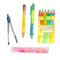 Watercolor school set with divider, colorful pencils, ruler, yellow pencil and pen on white background.