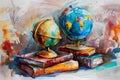 Watercolor school set. A stack of books and a globe. By generative Ai Royalty Free Stock Photo