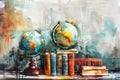 Watercolor school set. A stack of books and a globe. By generative Ai Royalty Free Stock Photo
