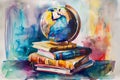 Watercolor school set. A stack of books and a globe. By generative Ai Royalty Free Stock Photo