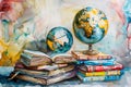 Watercolor school set. A stack of books and a globe. By generative Ai Royalty Free Stock Photo