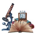 Watercolor science composition of books, test tube rack and a microscope. Vintage hand drawn illustration. Open book, close books Royalty Free Stock Photo
