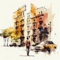 Watercolor scketch, vintage city street view