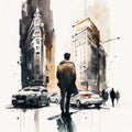 Watercolor scketch, vintage city street view. Royalty Free Stock Photo