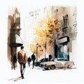 Watercolor scketch, vintage city street view. Royalty Free Stock Photo
