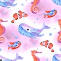 Watercolor sea animals background. Seamless watercolor pattern with whale, horse fish and clownfish. Cute pink sea backdrop Royalty Free Stock Photo