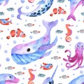 Watercolor sea animals background. Seamless watercolor pattern with whale, horse fish clownfish dolphin and narwhal. Cute ocean