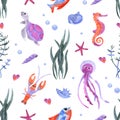 Watercolor sea animals background. Seamless underwater watercolor pattern with horse fish, crawfish and jellyfish. Cute sea Royalty Free Stock Photo