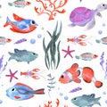 Watercolor sea animals background. Seamless underwater watercolor pattern with turtle, crawfish and jellyfish. Cute sea backdrop Royalty Free Stock Photo