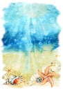 Watercolor sea bottom illustration with sea shells and starfishes