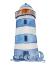 Watercolor sea illustration, burning lighthouse with blue stripes, decoratet by waves, isolated on white background.