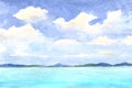 Watercolor sea landscape background with fluffy clouds and aqua blue water