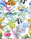 Watercolor sea life seamless background