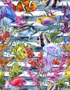 Watercolor sea life seamless pattern on a striped