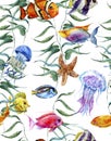 Watercolor sea life seamless pattern, underwater Royalty Free Stock Photo
