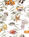 Watercolor sea life seamless pattern, underwater Royalty Free Stock Photo