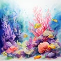 Watercolor sea life set. Hand painted coral reef dolphin crab seahorse jellyfish starfish and laminaria isolated on Royalty Free Stock Photo