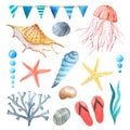 Watercolor sea nautical elements set Royalty Free Stock Photo