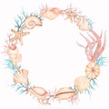 Watercolor sea objects wreath, shell and corals, starfish and pearl, invitation card template