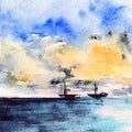 Watercolor sea ocean boat ship sunset bright landscape Royalty Free Stock Photo