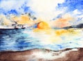 Watercolor sea ocean sunset bright ships landscape Royalty Free Stock Photo