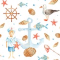 Watercolor sea seamless pattern with cute sailor boy, fishes, seagull, nautical anchor, red starfish, seashells, orange Royalty Free Stock Photo