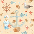 Watercolor sea seamless pattern with cute sailor boy, fishes, seagull, nautical anchor, red starfish, seashells, orange Royalty Free Stock Photo