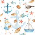 Watercolor sea seamless pattern with cute sailor girl, boat, ship, fishes, seagull, nautical anchor, red starfish