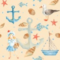 Watercolor sea seamless pattern with cute sailor girl, boat, ship, fishes, seagull, nautical anchor, red starfish Royalty Free Stock Photo