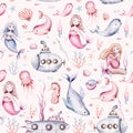 Watercolor sea seamless pattern with snorkeling mermaids, corals, seahorse and dolphin. backgroud children\'s room design and