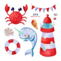 Watercolor sea set with cute sea creatures. Lighthouse, lifebuoy, crab, shells and narwhal Royalty Free Stock Photo