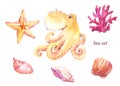 Watercolor sea set. Octopus, coral, starfish, shells, shellfish. Royalty Free Stock Photo