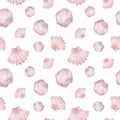 Watercolor sea shell pattern. Pink ocean life background. Royalty Free Stock Photo