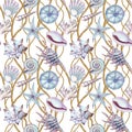 Watercolor sea shell seamless pattern. Hand drawn seashells texture ocean background