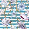 Watercolor sea shell seamless pattern. Hand drawn seashells texture striped ocean background Royalty Free Stock Photo