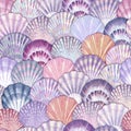 Watercolor sea shell seamless pattern. Hand drawn seashells texture vintage ocean background