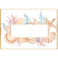 Watercolor Sea Shells Frame Clip Art. Coral  Flower Bouquet. Ocean Coral Wreath, Sea Reef Frame, Summer Beach Arrangements