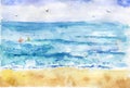 Watercolor sea sketch, blue waves and yellow sand, Hand drawn illustration of summer. Sea landscape