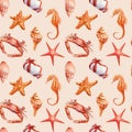 Watercolor sea summer seamless pattern. Underwater creatures, crab, starfish, sea shell, coral, Marine background design Royalty Free Stock Photo